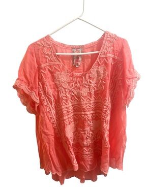 Johnny Was Coral Embroidered Top